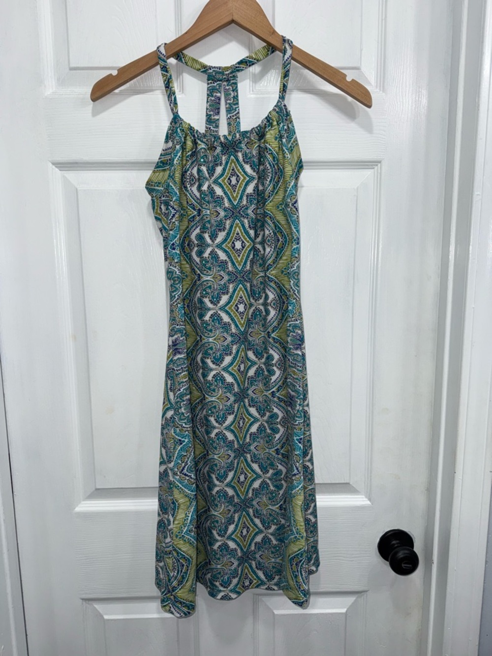 Sleeveless Printed Halter Dress in Teal and Green